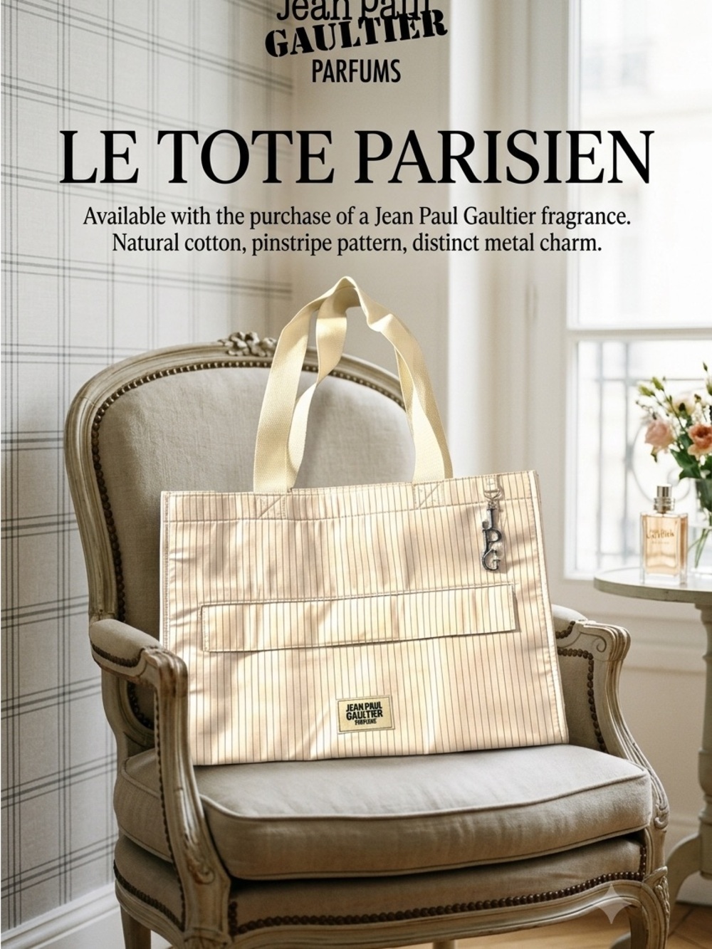 Jean Paul Gaultier parfums Cream and Beige Pinstripe Tote